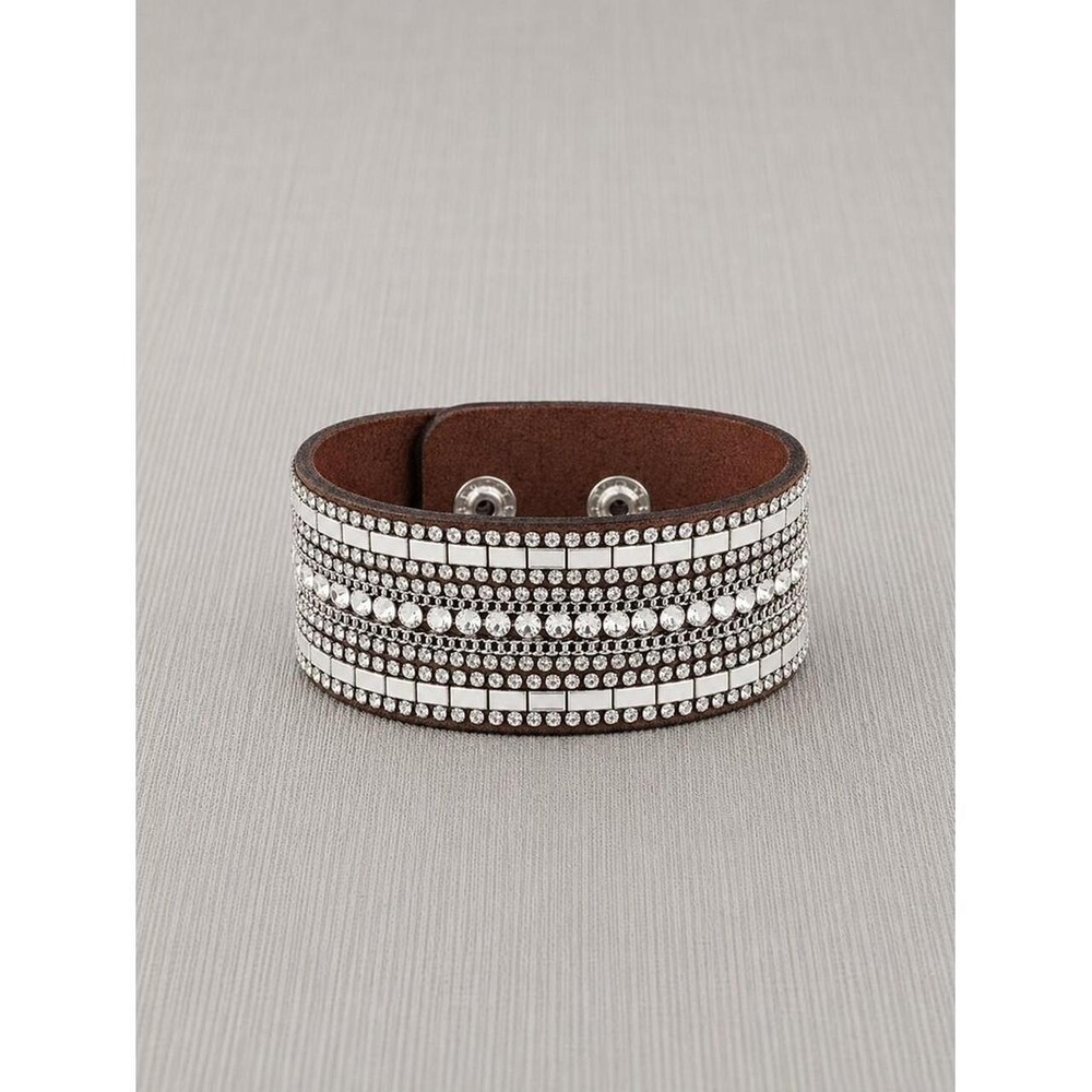 Brown Faux Leather Rhinestone Cuff Bracelet Silver Tone Wide Snap Wrap Statement